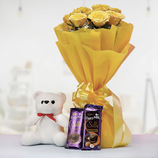 Yellow Roses N Cadbury Silk With Teddy